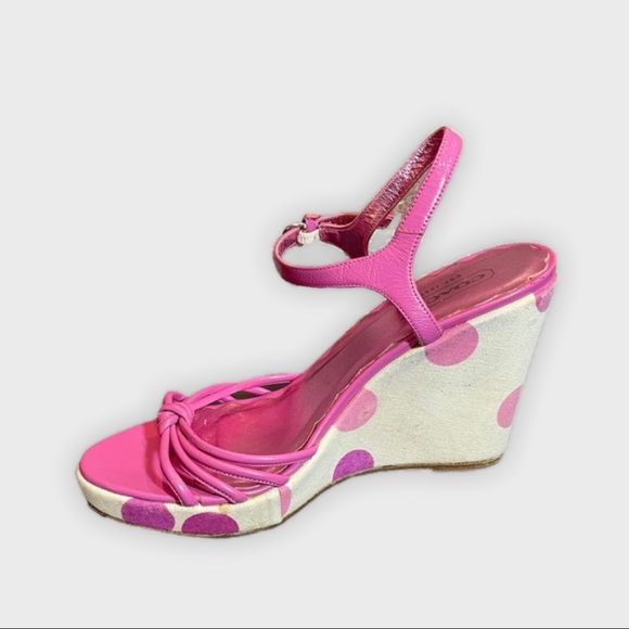 Coach | Lona Pink & Cream Polka Dot Wedge Heels Leather Ankle Strap Size 8.5 - Picture 3 of 6